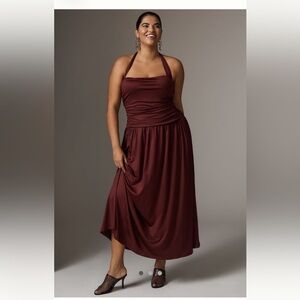 Anthropologie Ruched Halter Maxi Dress in Deep Burgundy 3X